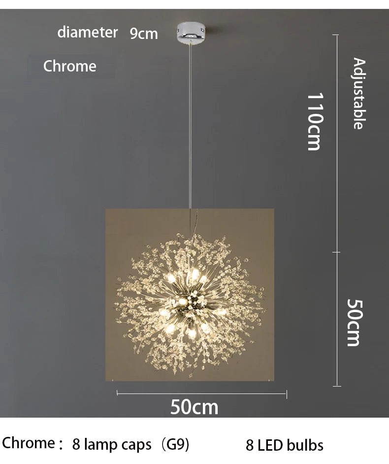 Modern Sky Star Crystal Pendant LED Lighting: Fireball Dandelion for Restaurant, Living Room, Bar - Art Danish Luminaire Chrome  8 head / 220V / Warm White