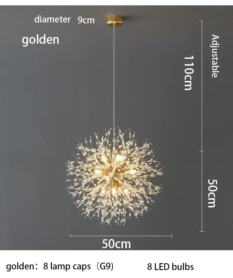 Modern Sky Star Crystal Pendant LED Lighting: Fireball Dandelion for Restaurant, Living Room, Bar - Art Danish Luminaire golden  8 head / 220V / Warm White