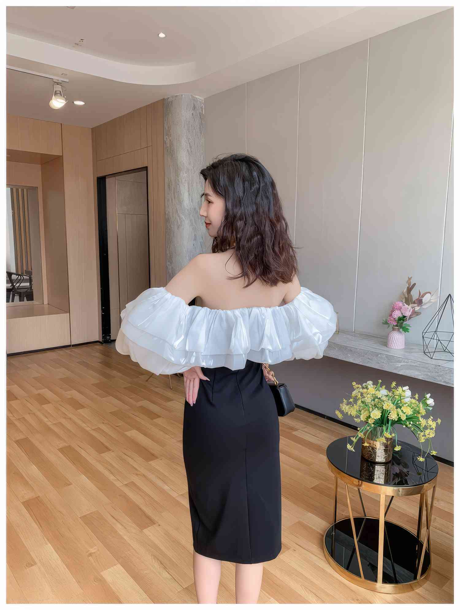 Monochrome Ruffle Off-Shoulder Dress