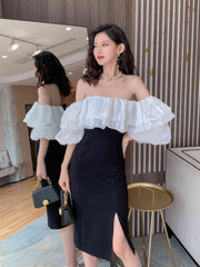 Monochrome Ruffle Off-Shoulder Dress