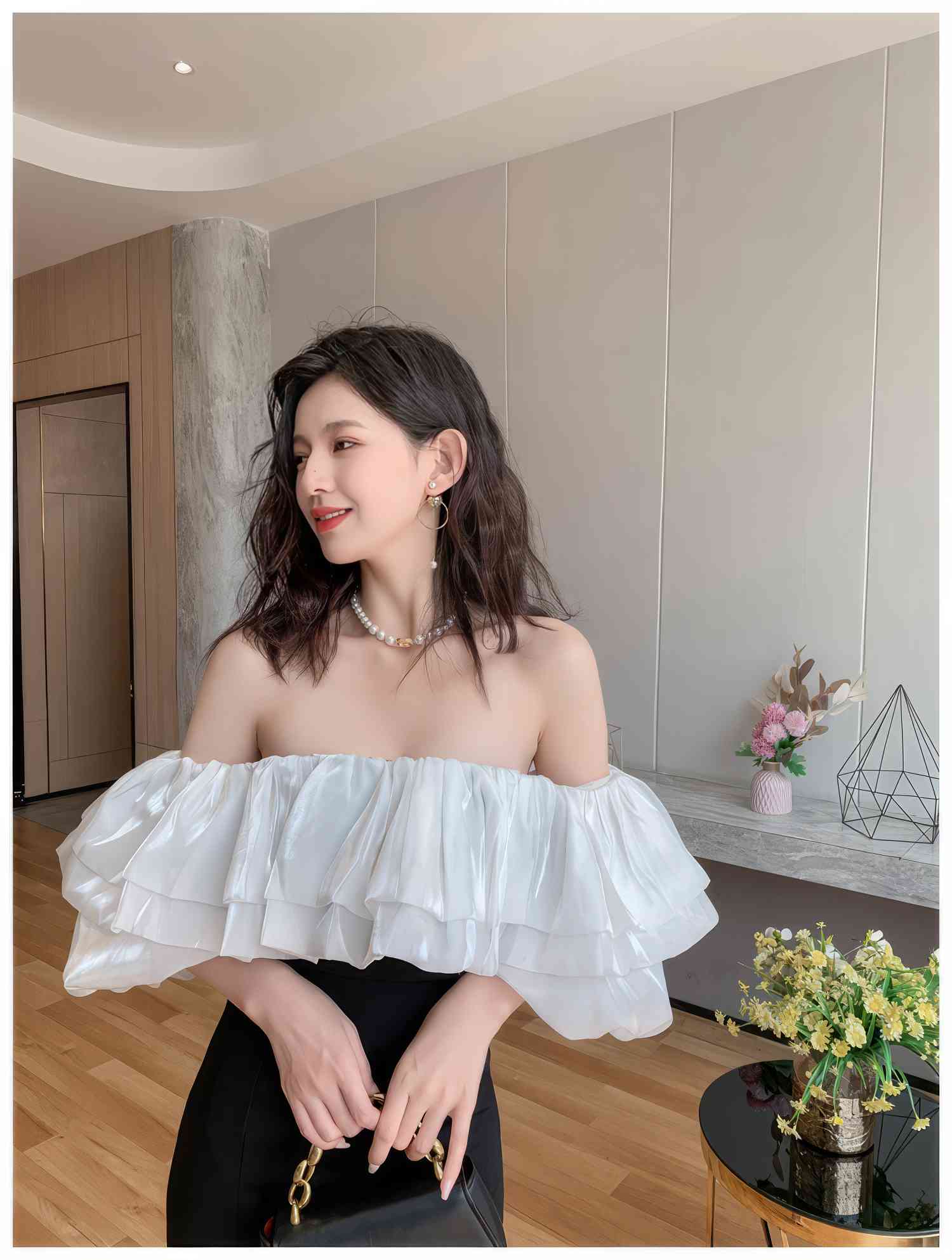 Monochrome Ruffle Off-Shoulder Dress