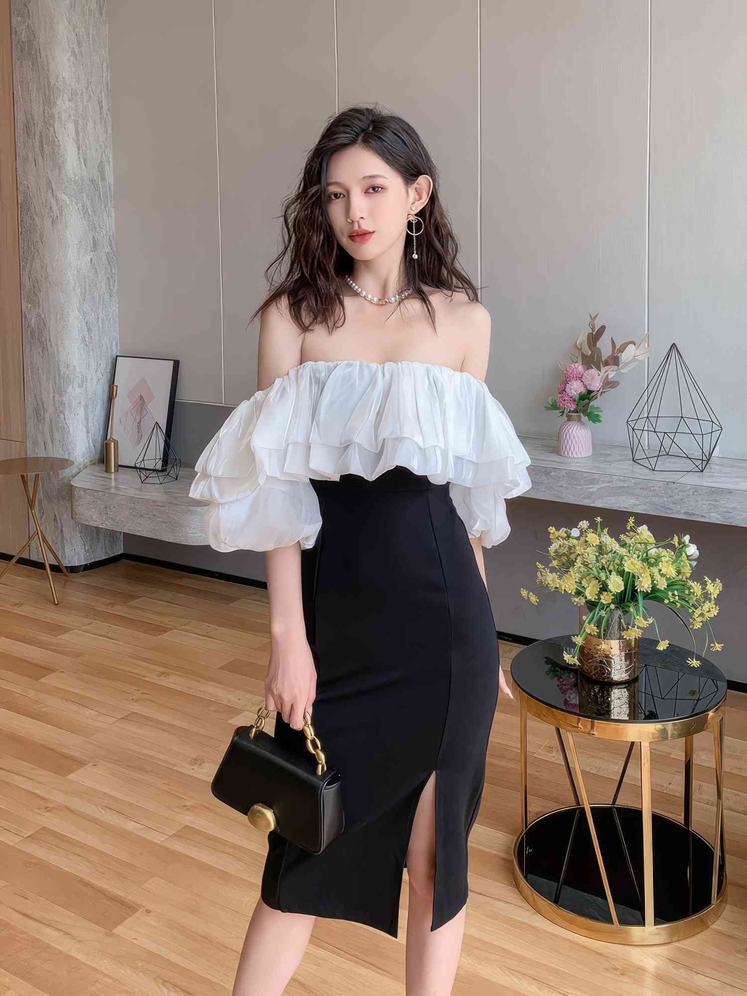 Monochrome Ruffle Off-Shoulder Dress