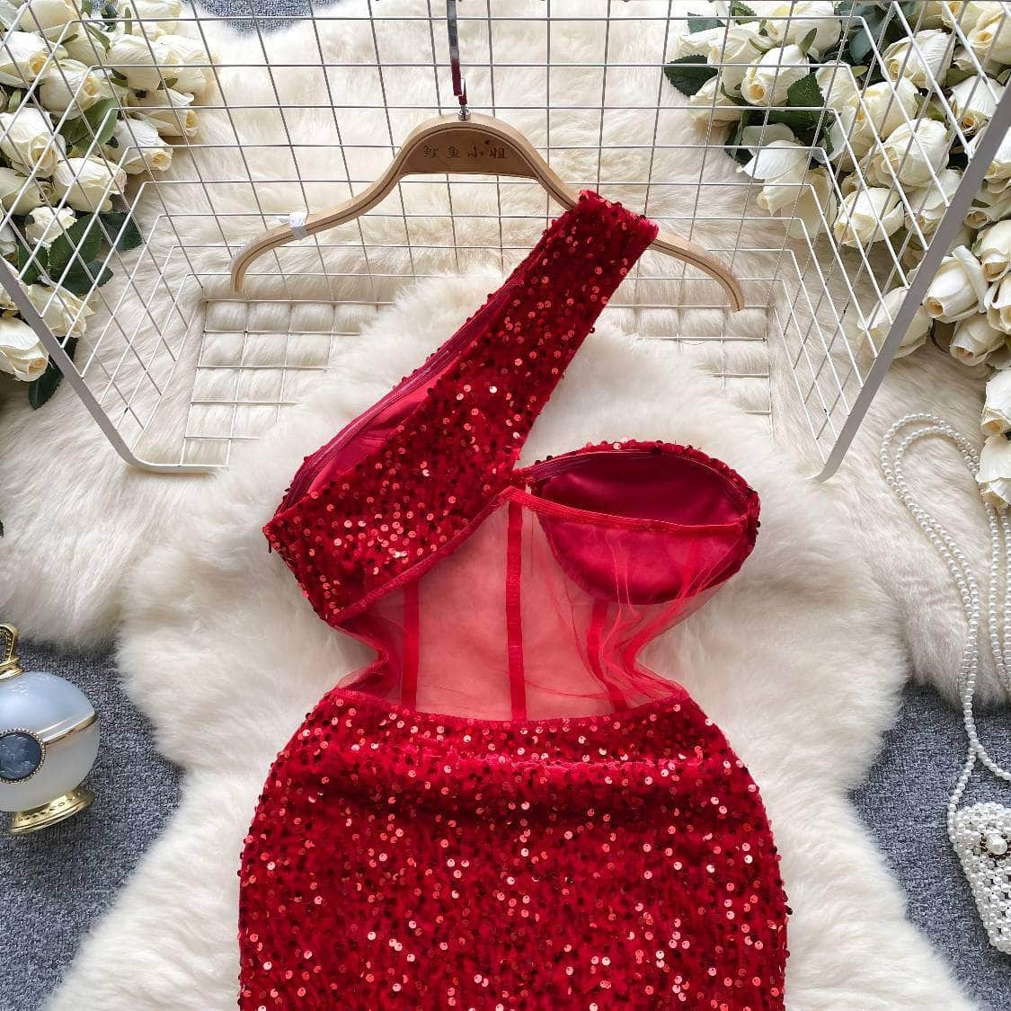 Monostrap Bustier Mesh Mini Rhinestone Dress