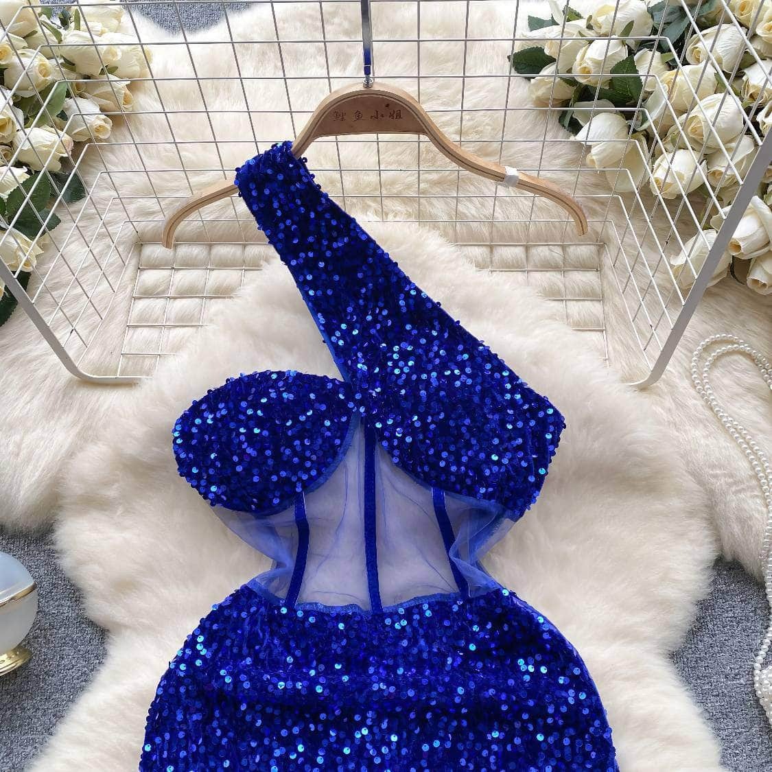 Monostrap Bustier Mesh Mini Rhinestone Dress