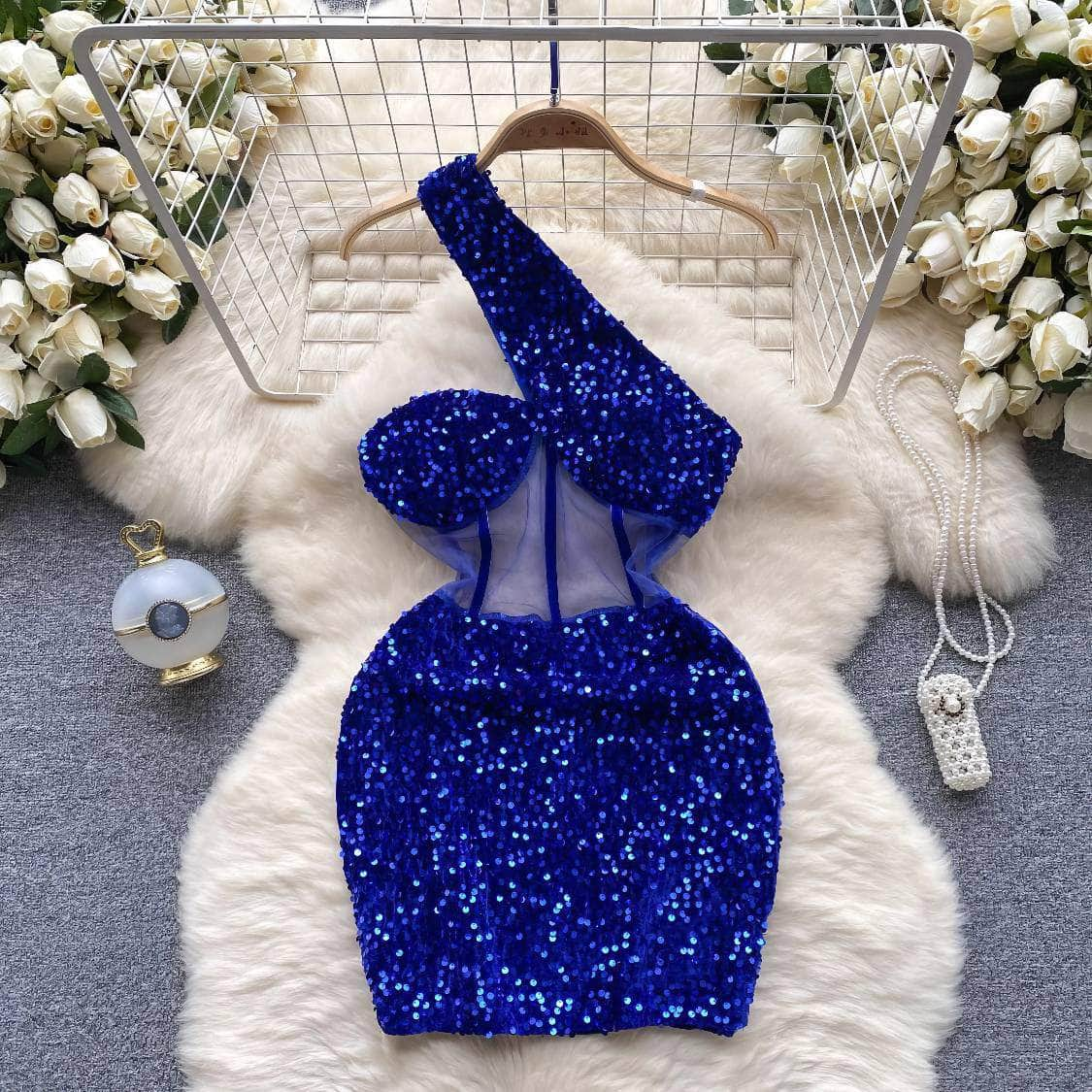 Monostrap Bustier Mesh Mini Rhinestone Dress