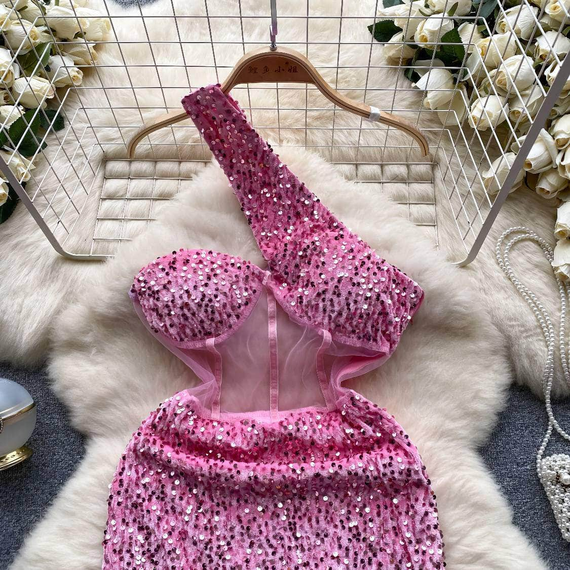 Monostrap Bustier Mesh Mini Rhinestone Dress