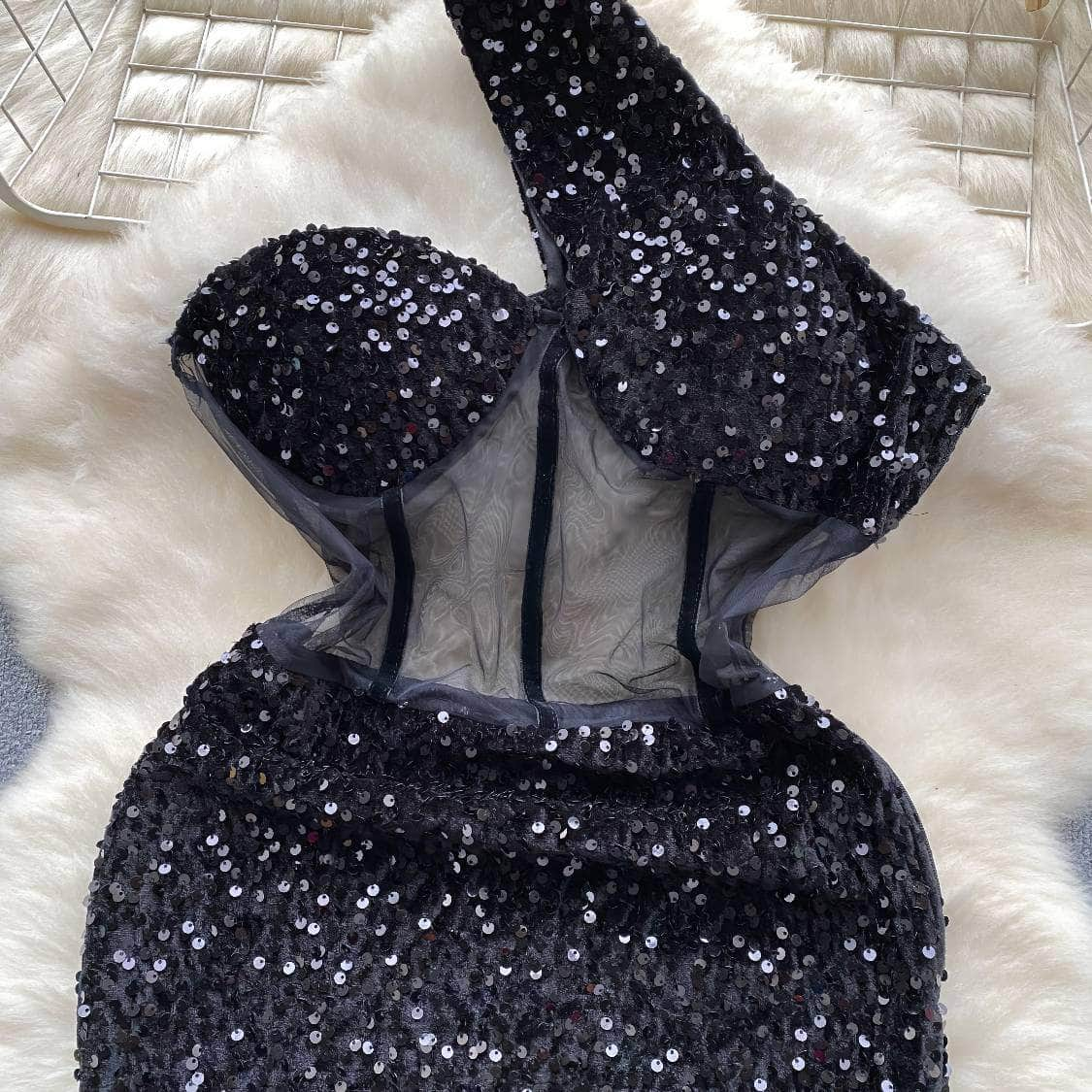 Monostrap Bustier Mesh Mini Rhinestone Dress