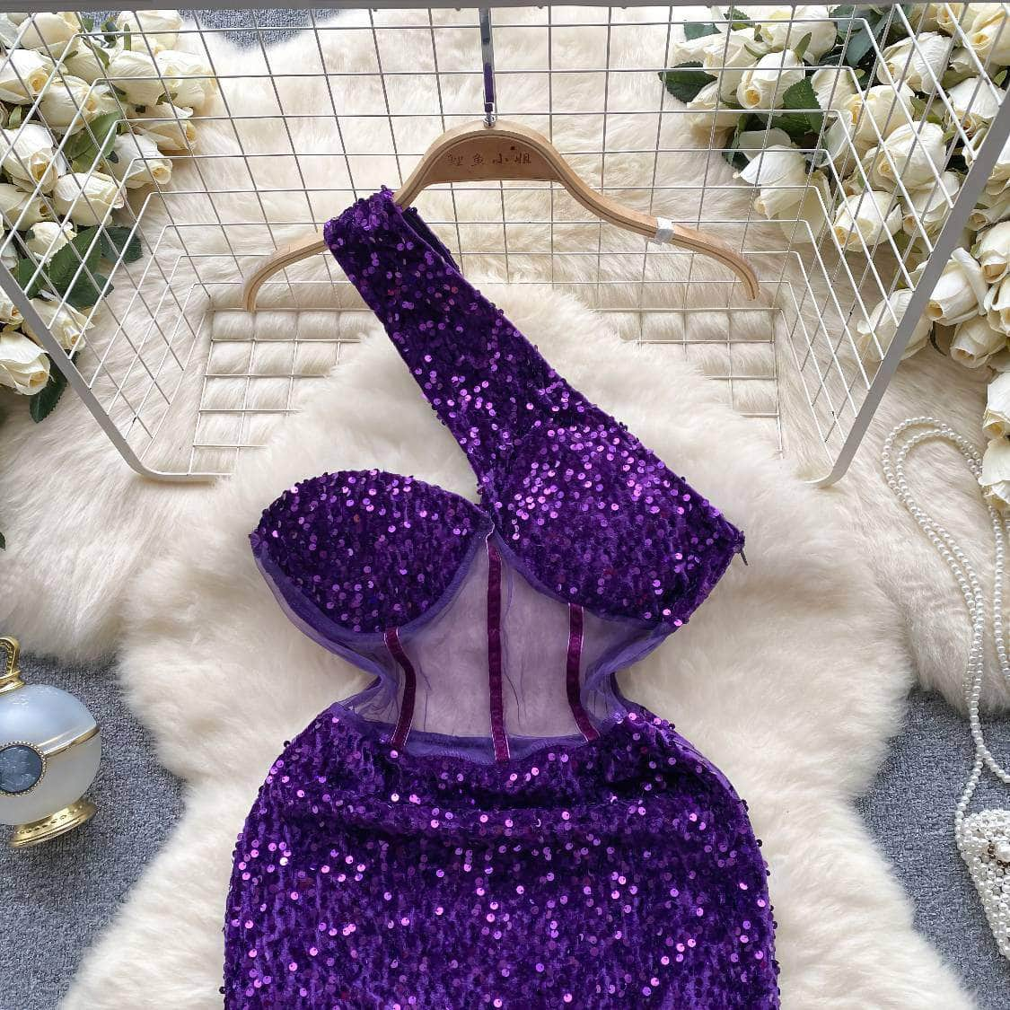 Monostrap Bustier Mesh Mini Rhinestone Dress