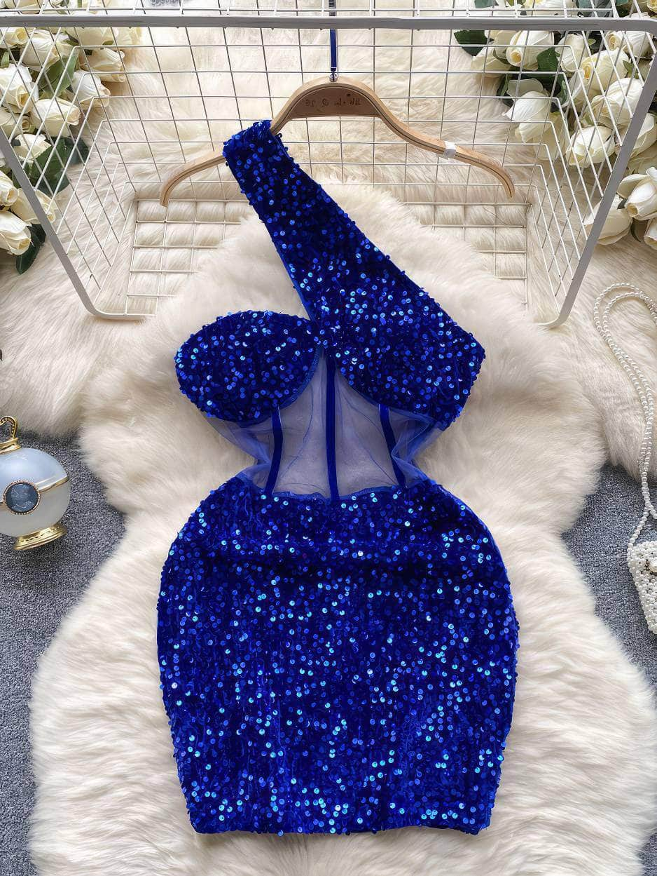 Monostrap Bustier Mesh Mini Rhinestone Dress S / Blue