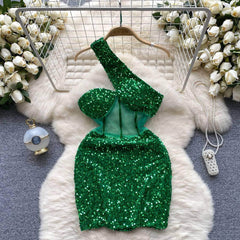 Monostrap Bustier Mesh Mini Rhinestone Dress S / Green