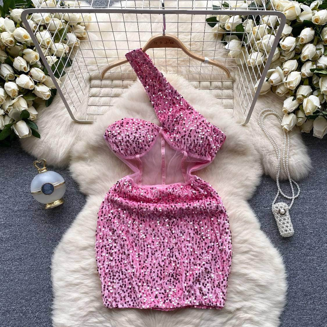 Monostrap Bustier Mesh Mini Rhinestone Dress S / Pink