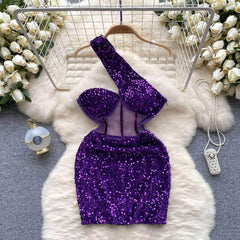 Monostrap Bustier Mesh Mini Rhinestone Dress S / Purple