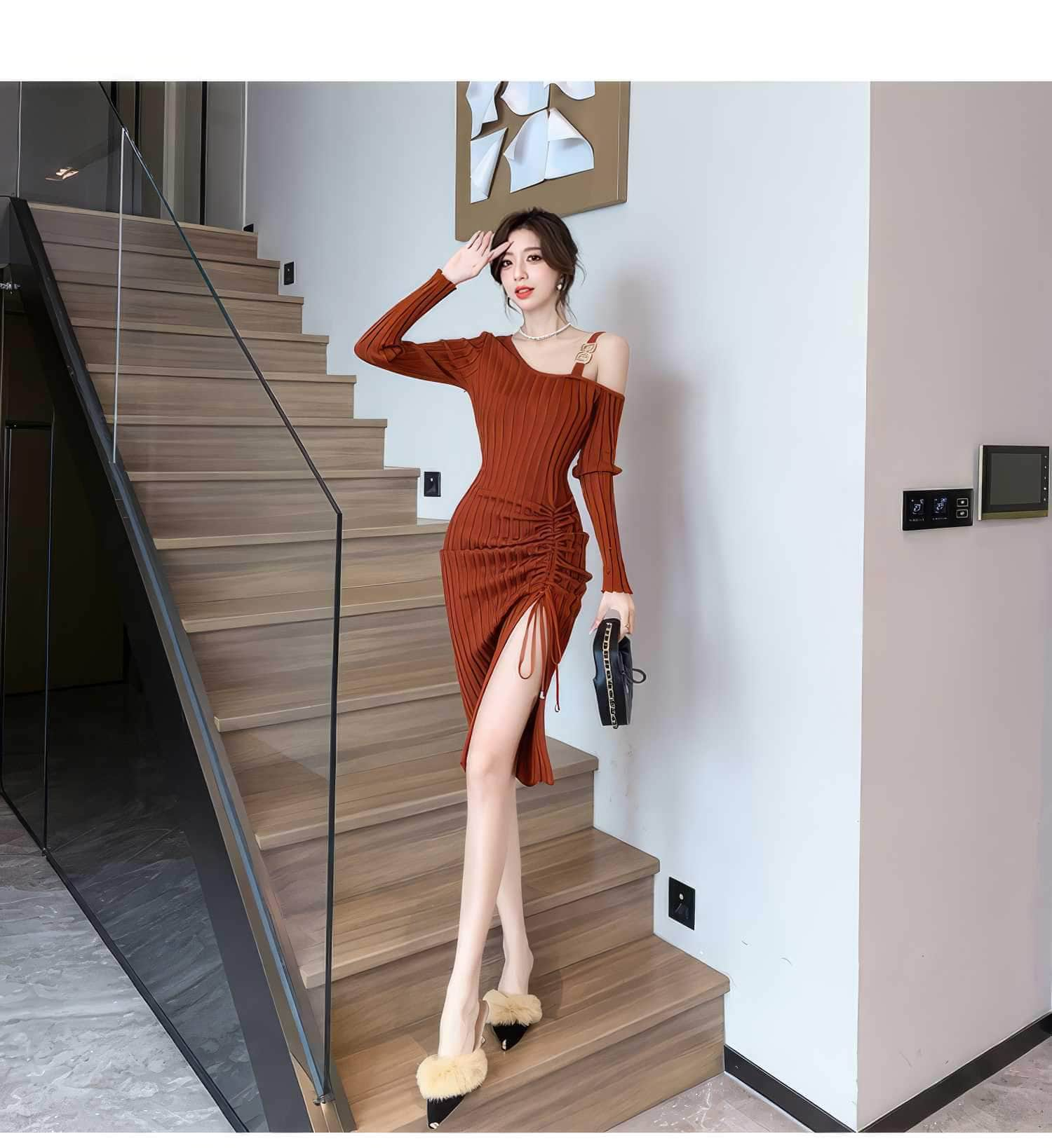 Monostrap Long Sleeve Drawstring Knit Dress