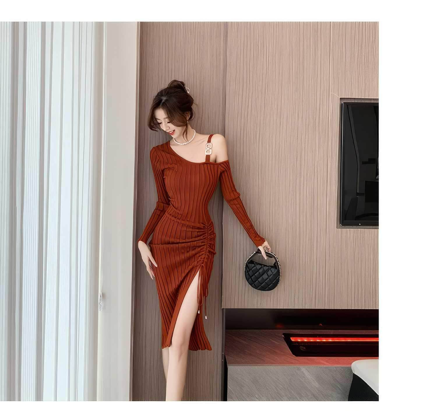 Monostrap Long Sleeve Drawstring Knit Dress