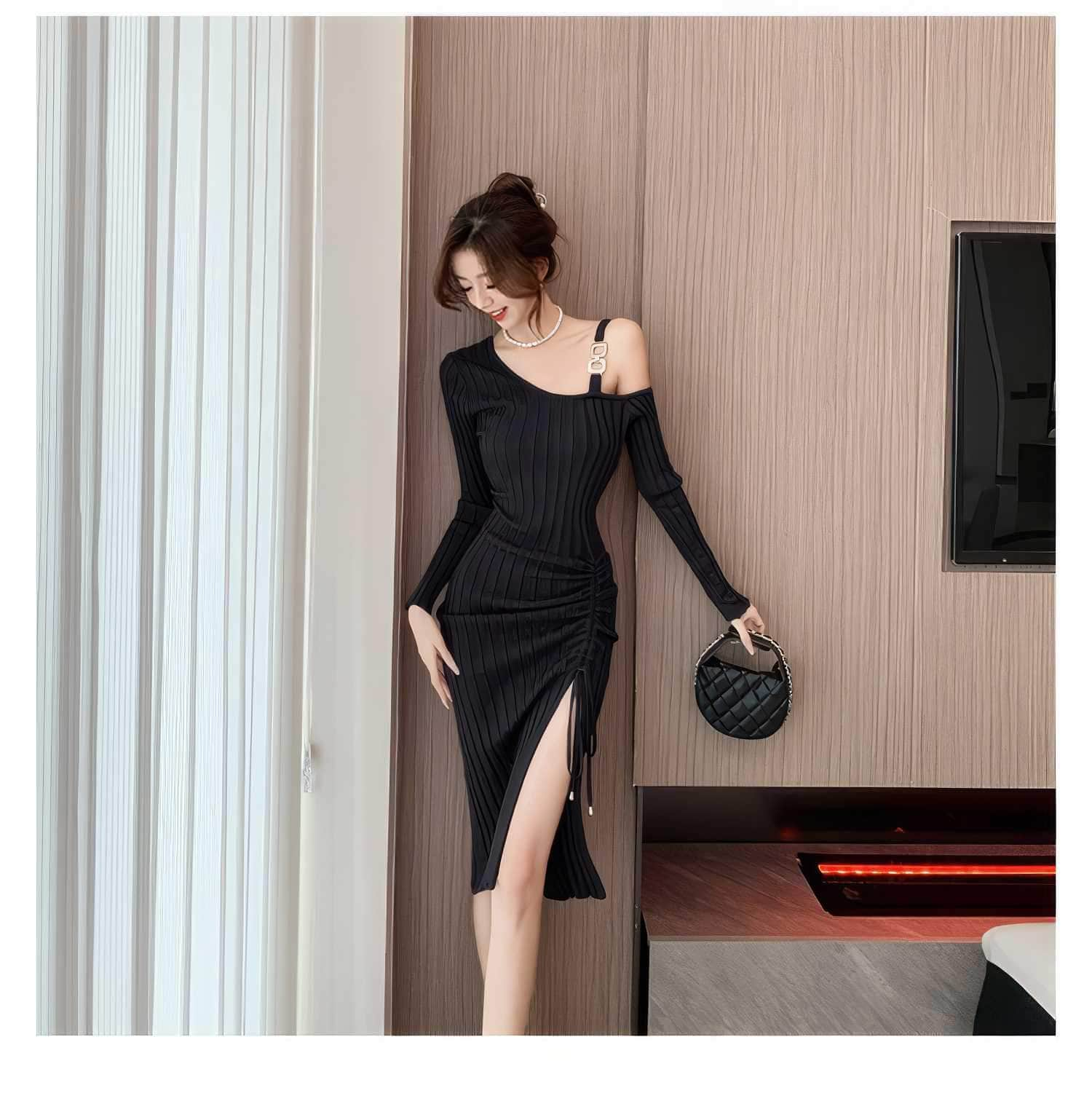 Monostrap Long Sleeve Drawstring Knit Dress