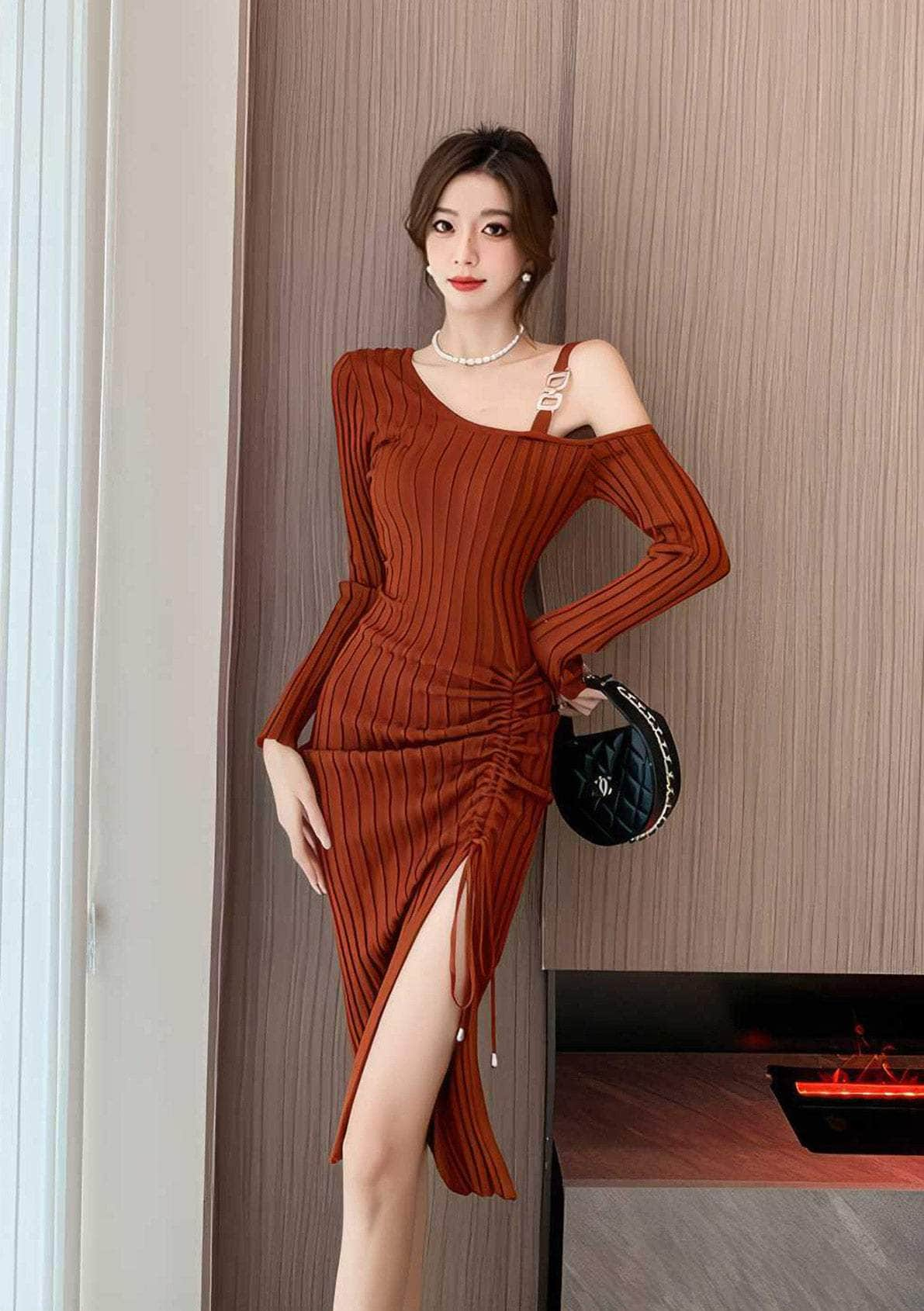 Monostrap Long Sleeve Drawstring Knit Dress