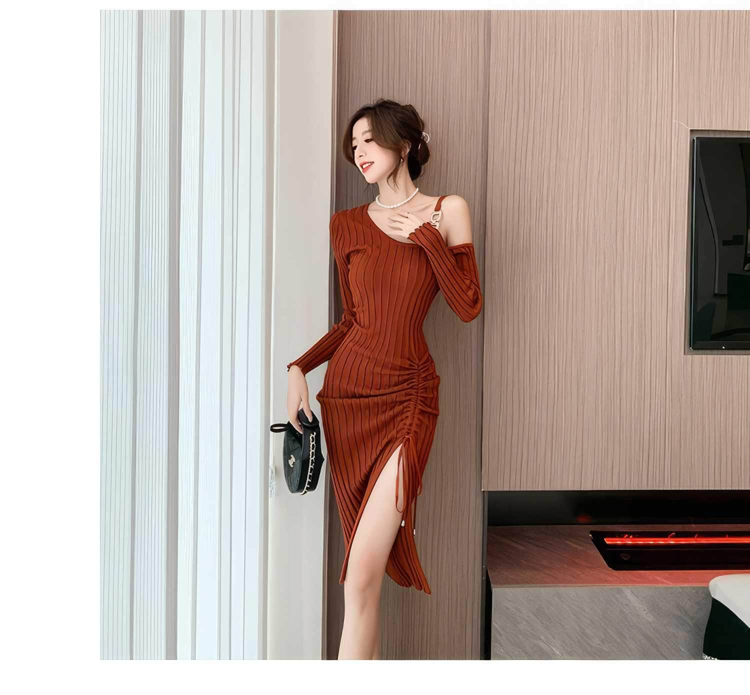 Monostrap Long Sleeve Drawstring Knit Dress