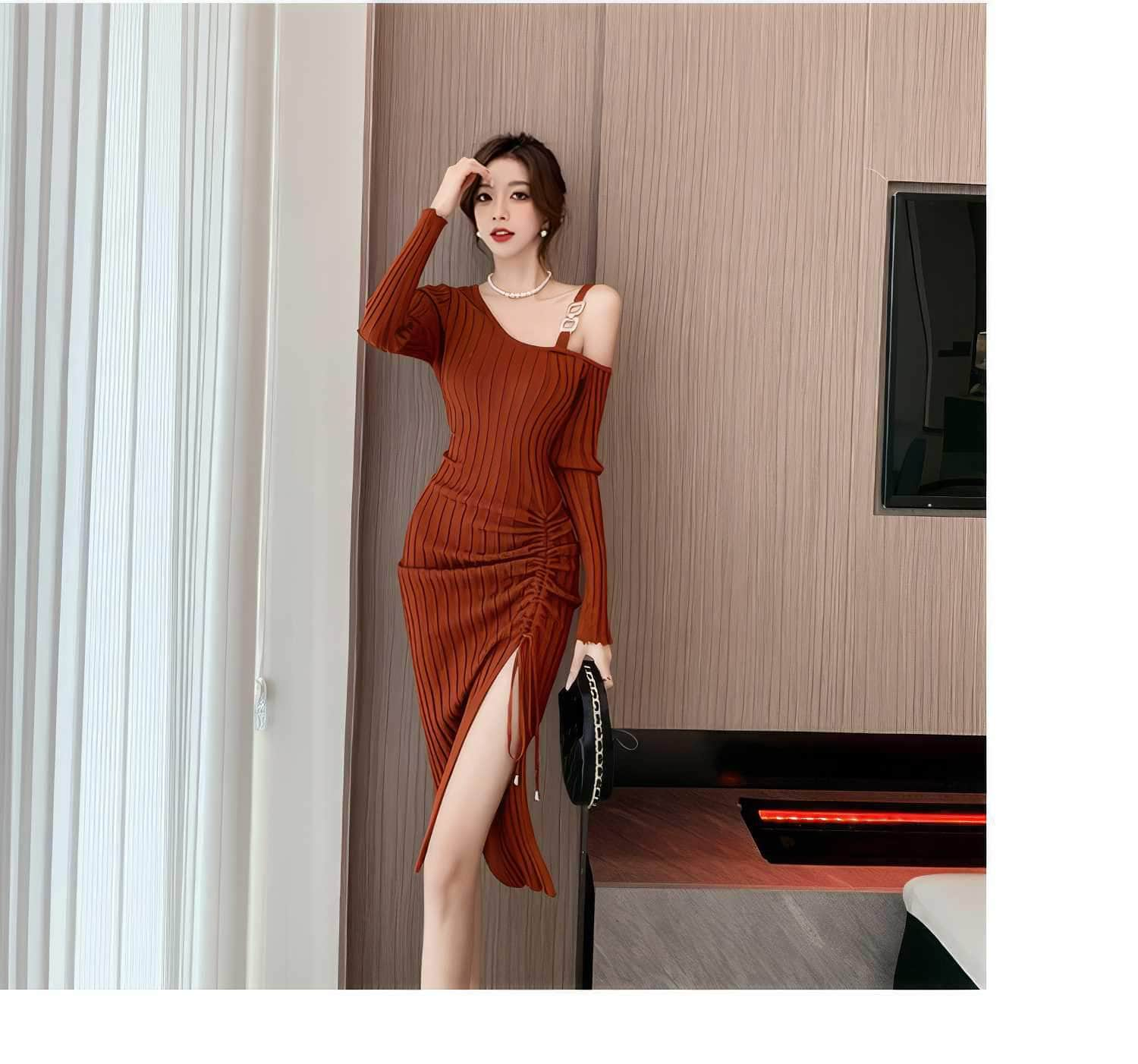 Monostrap Long Sleeve Drawstring Knit Dress