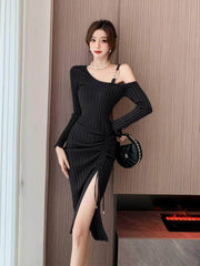 Monostrap Long Sleeve Drawstring Knit Dress MAX SIZE / Black