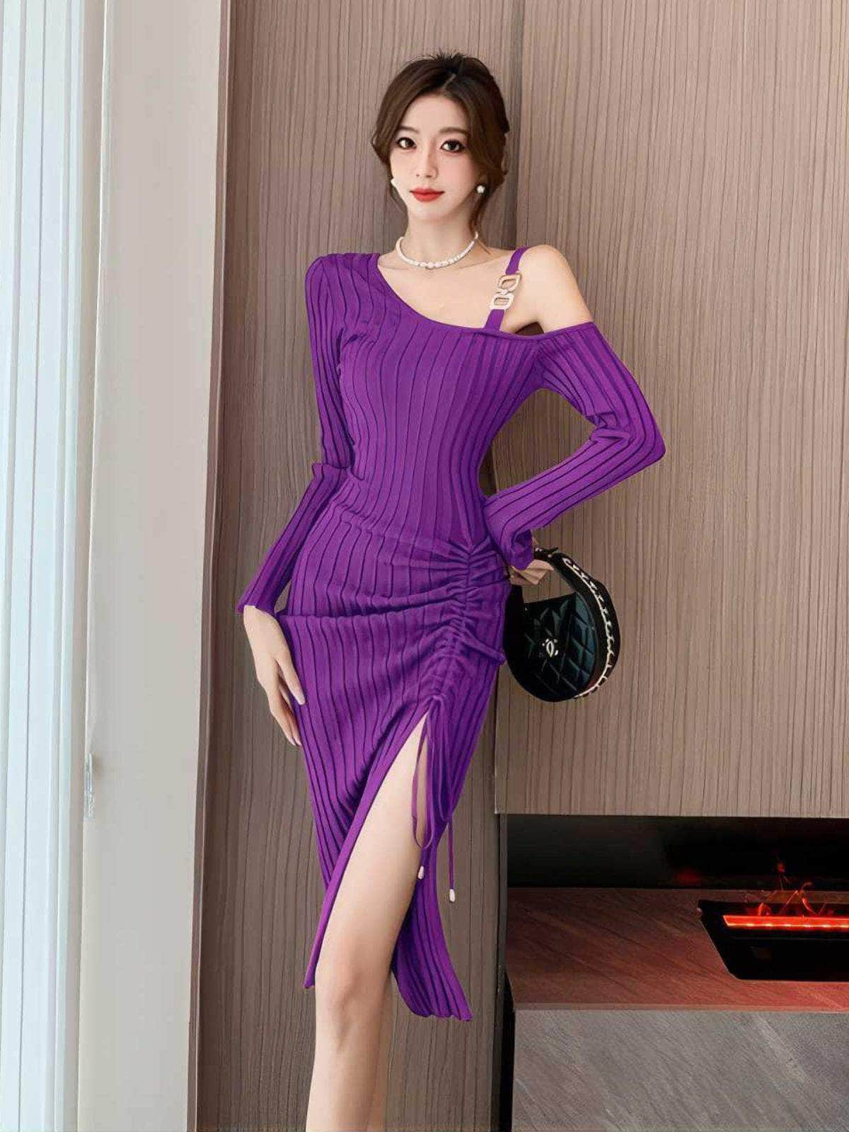 Monostrap Long Sleeve Drawstring Knit Dress MAX SIZE / Purple