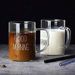 Morning Glass Mug with Handle - Transparent Breakfast Cup for Coffee, Milk - Household Gift for Children
