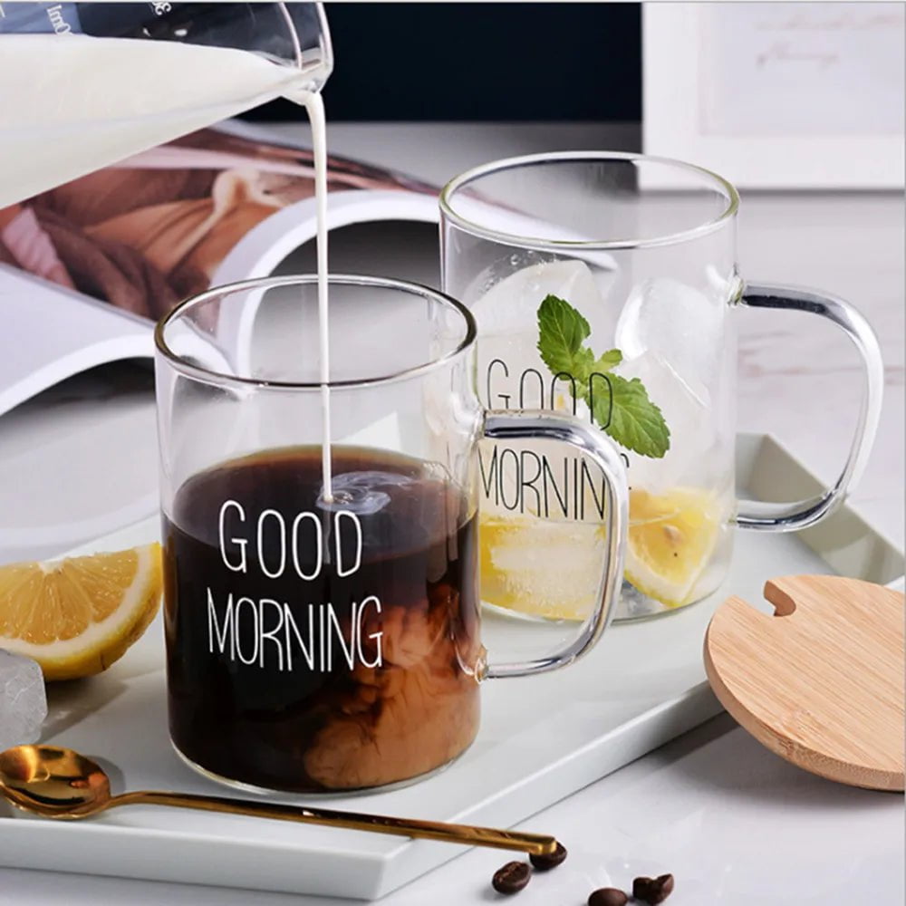 Morning Glass Mug with Handle - Transparent Breakfast Cup for Coffee, Milk - Household Gift for Children