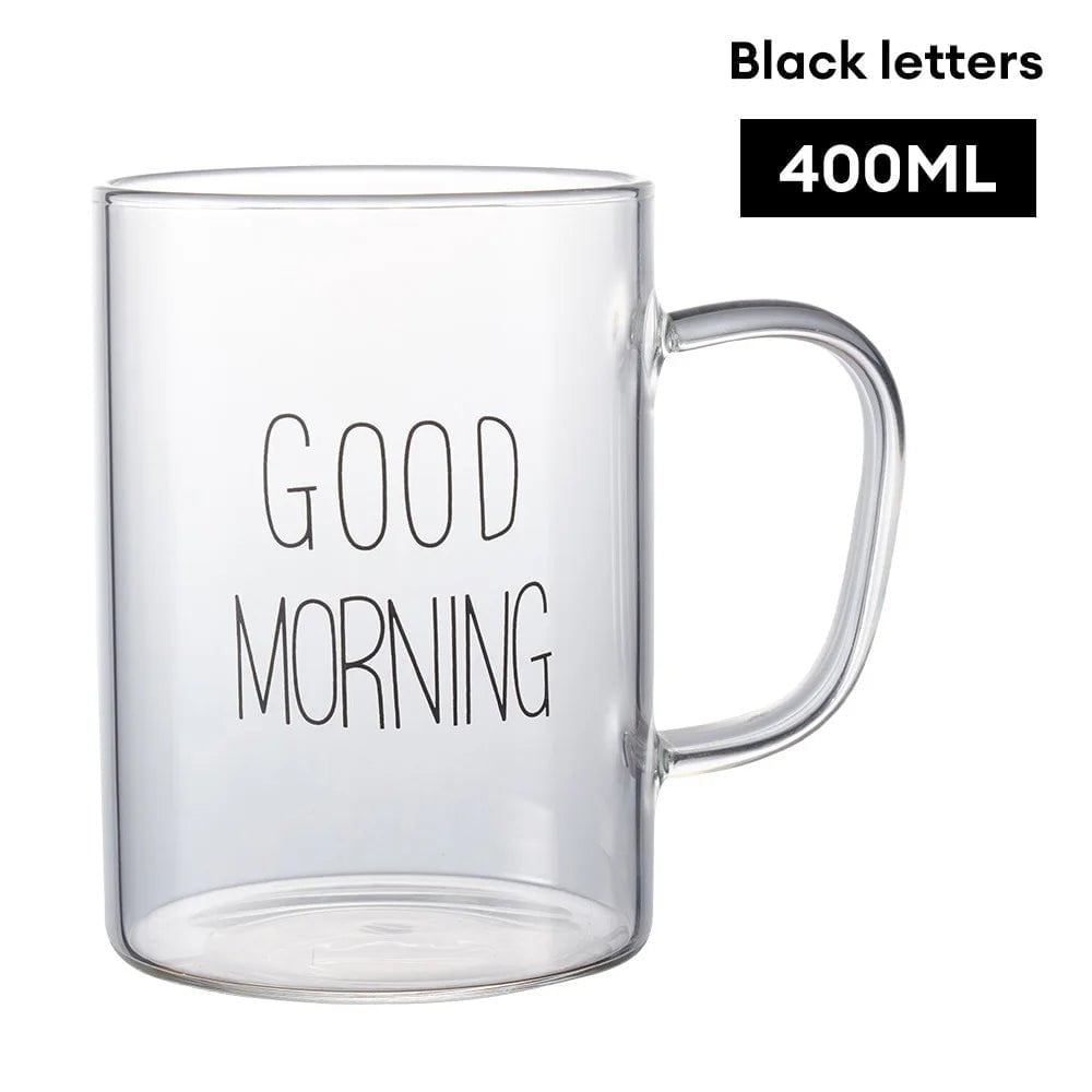 Morning Glass Mug with Handle - Transparent Breakfast Cup for Coffee, Milk - Household Gift for Children Black letters / 401-500ml