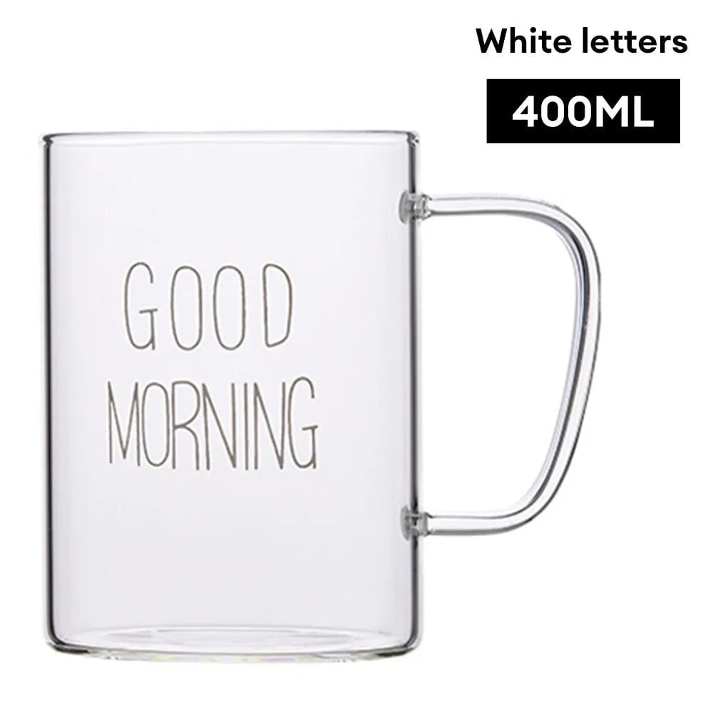 Morning Glass Mug with Handle - Transparent Breakfast Cup for Coffee, Milk - Household Gift for Children white letters / 401-500ml