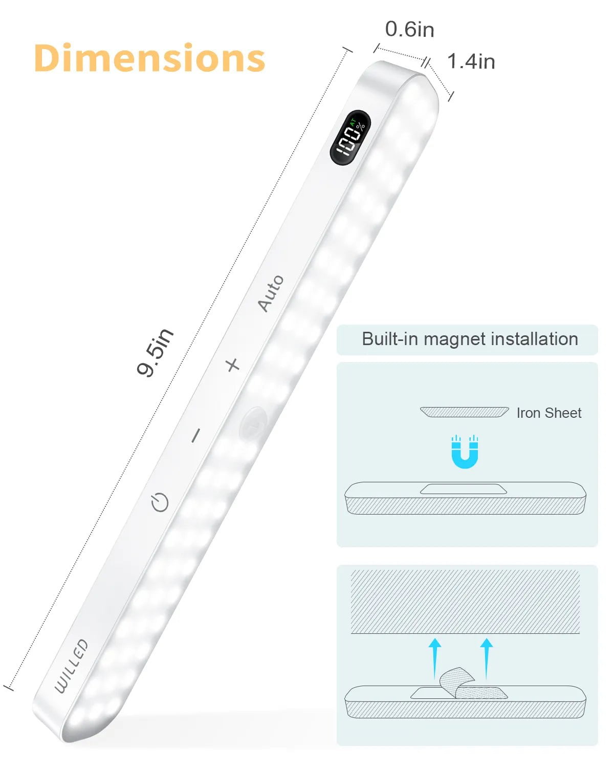Motion Sensor Cabinet Light - Battery Display, 60 LED Touch Light Bar, Wireless Rechargeable Night Light
