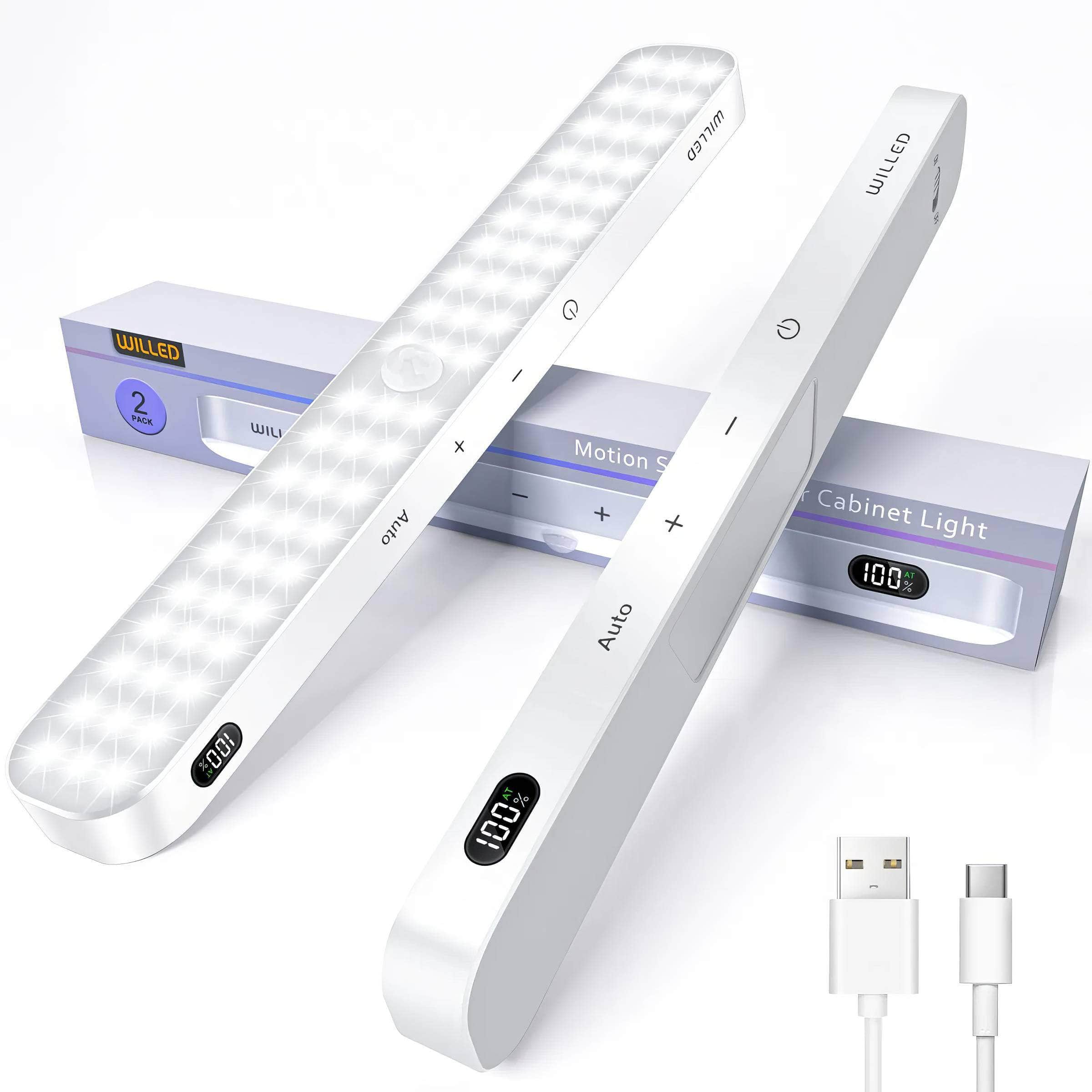 Motion Sensor Cabinet Light - Battery Display, 60 LED Touch Light Bar, Wireless Rechargeable Night Light