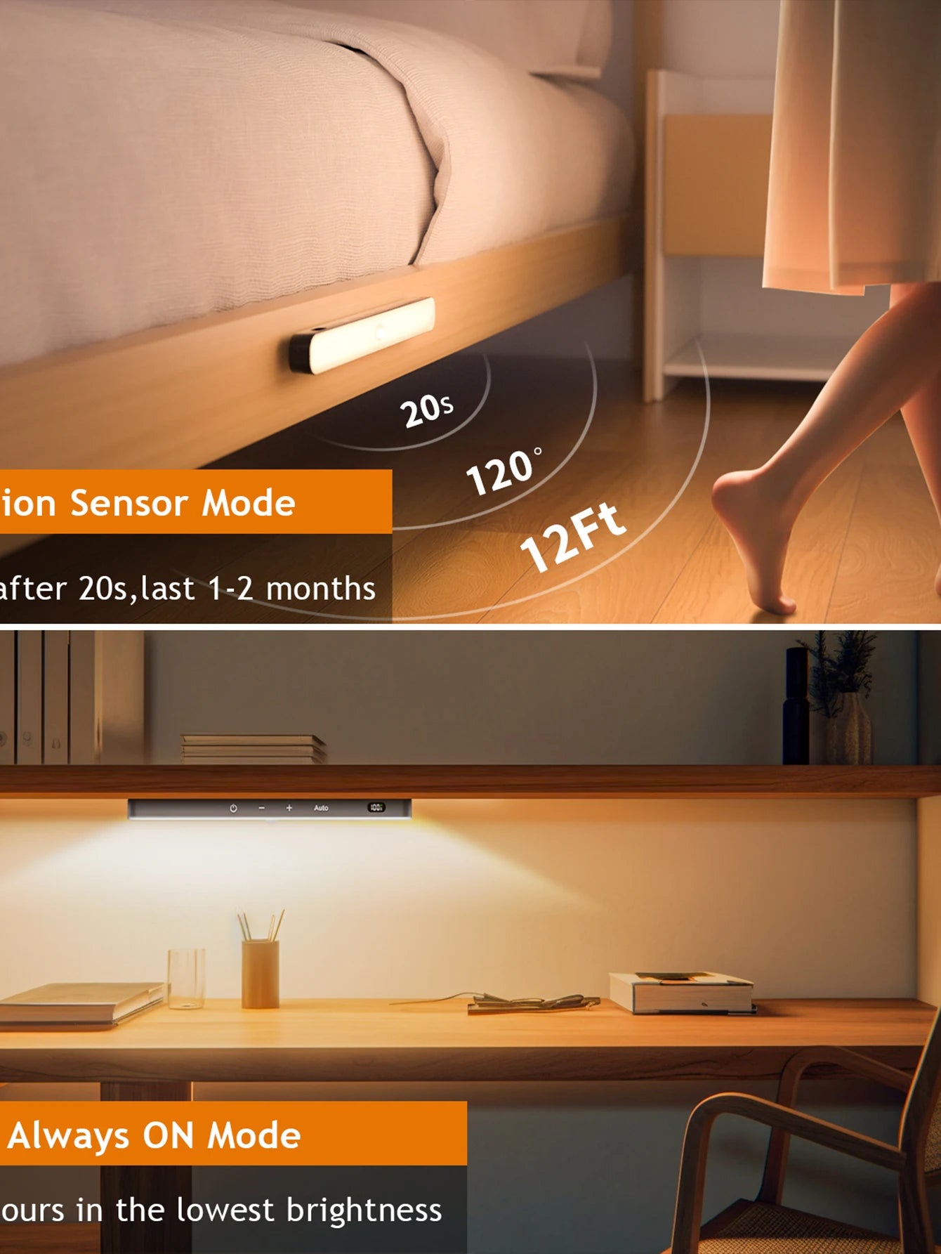 Motion Sensor Cabinet Warm Light: Battery-Powered 60 LED Touch Light Bar with Wireless Rechargeable Battery