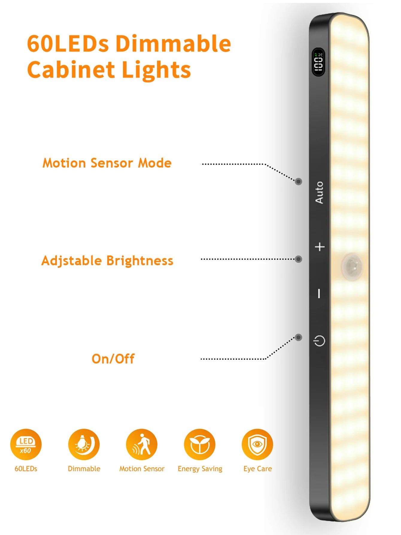 Motion Sensor Cabinet Warm Light: Battery-Powered 60 LED Touch Light Bar with Wireless Rechargeable Battery