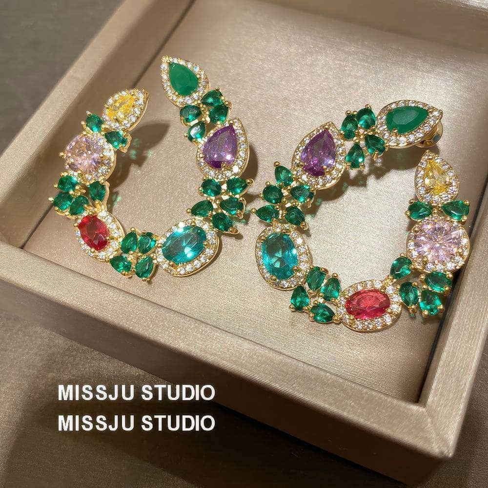 Multi Gemstone Diamond Imitation Floral Hoop Cutout Earrings Multicolor