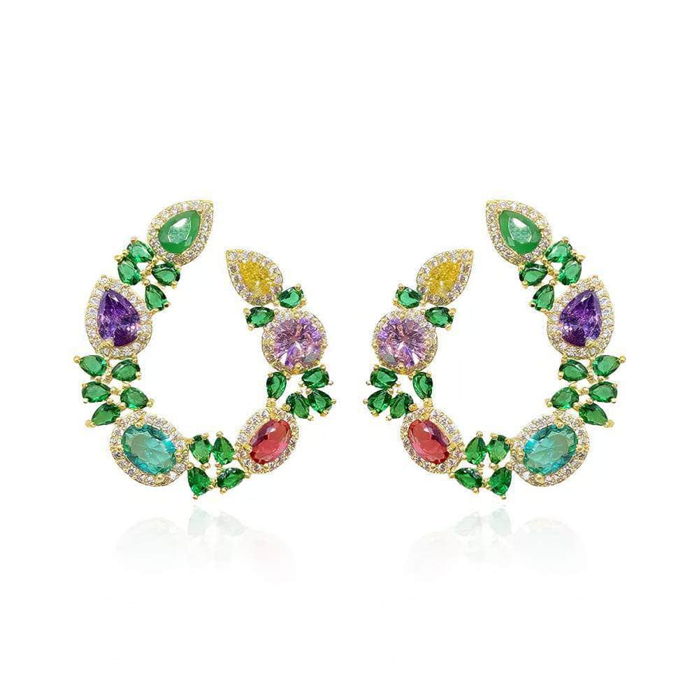 Multi Gemstone Diamond Imitation Floral Hoop Cutout Earrings Multicolor