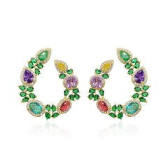 Multi Gemstone Diamond Imitation Floral Hoop Cutout Earrings Multicolor