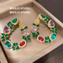 Multi Gemstone Diamond Imitation Floral Hoop Cutout Earrings Multicolor