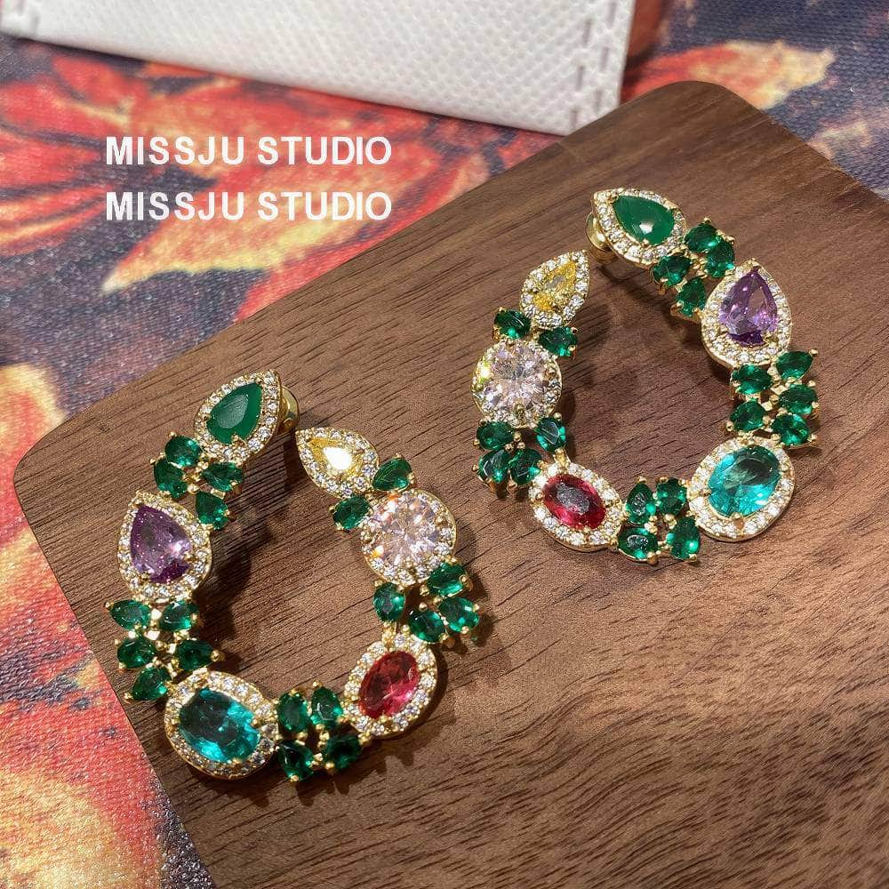 Multi Gemstone Diamond Imitation Floral Hoop Cutout Earrings Multicolor