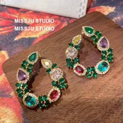 Multi Gemstone Diamond Imitation Floral Hoop Cutout Earrings Multicolor