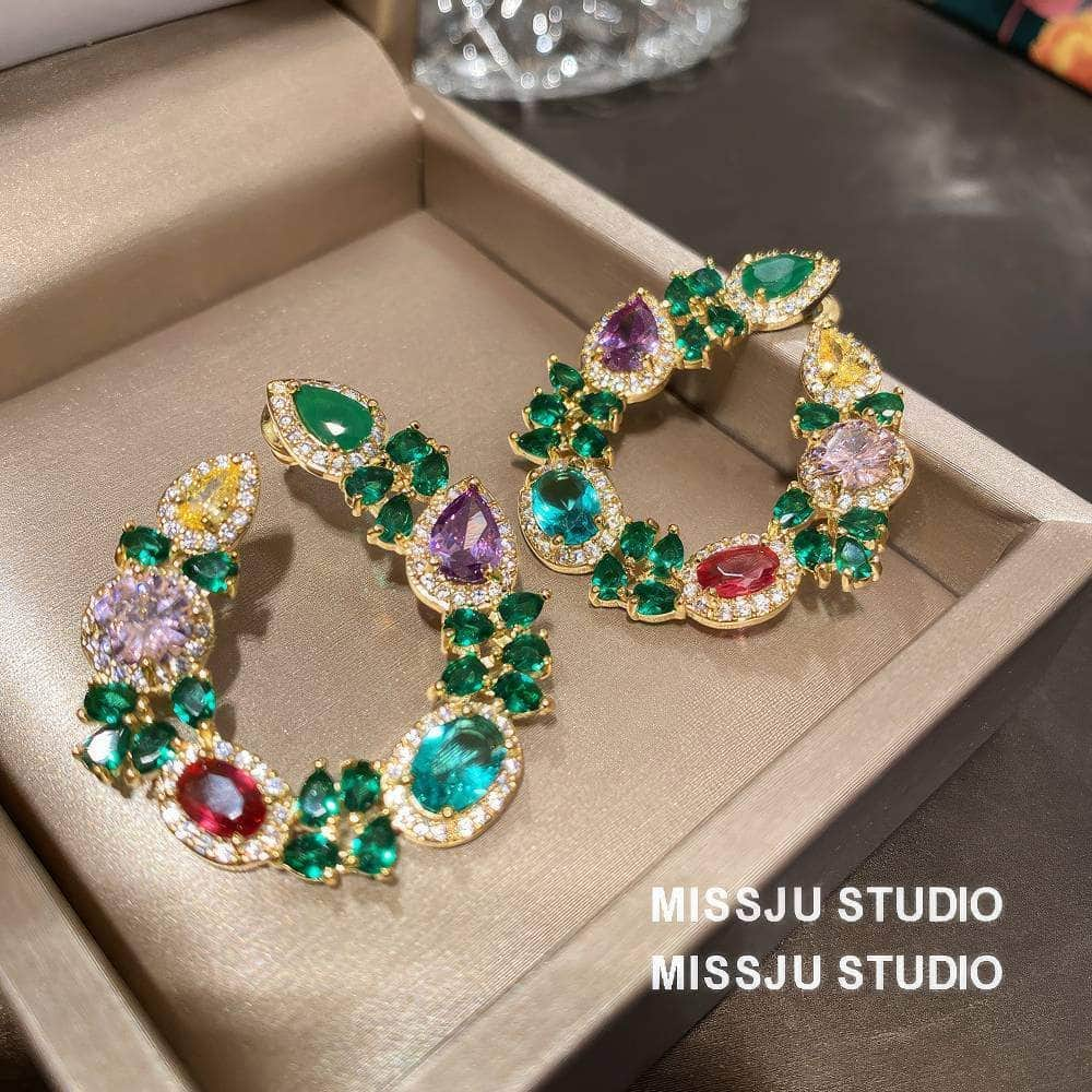 Multi Gemstone Diamond Imitation Floral Hoop Cutout Earrings Multicolor