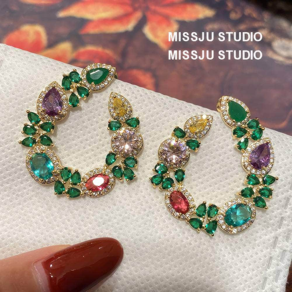 Multi Gemstone Diamond Imitation Floral Hoop Cutout Earrings Multicolor