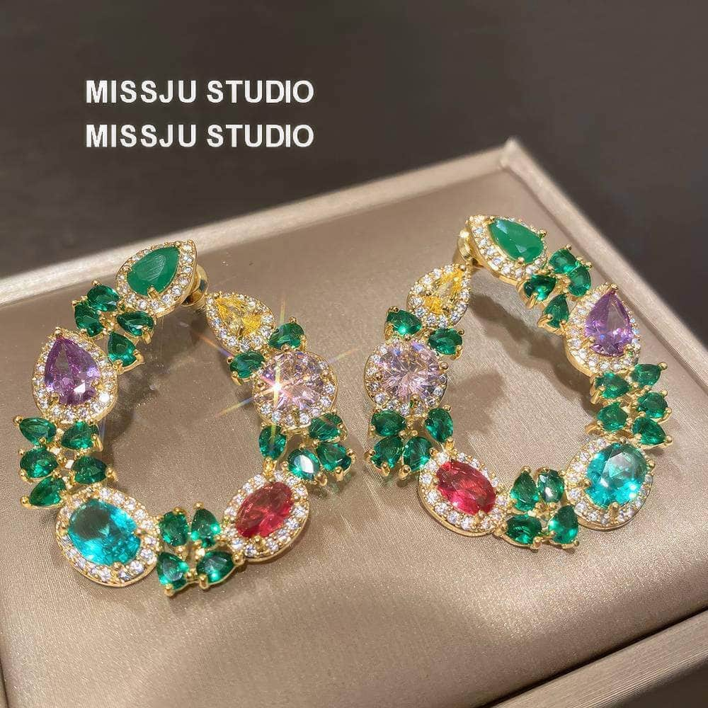 Multi Gemstone Diamond Imitation Floral Hoop Cutout Earrings Multicolor