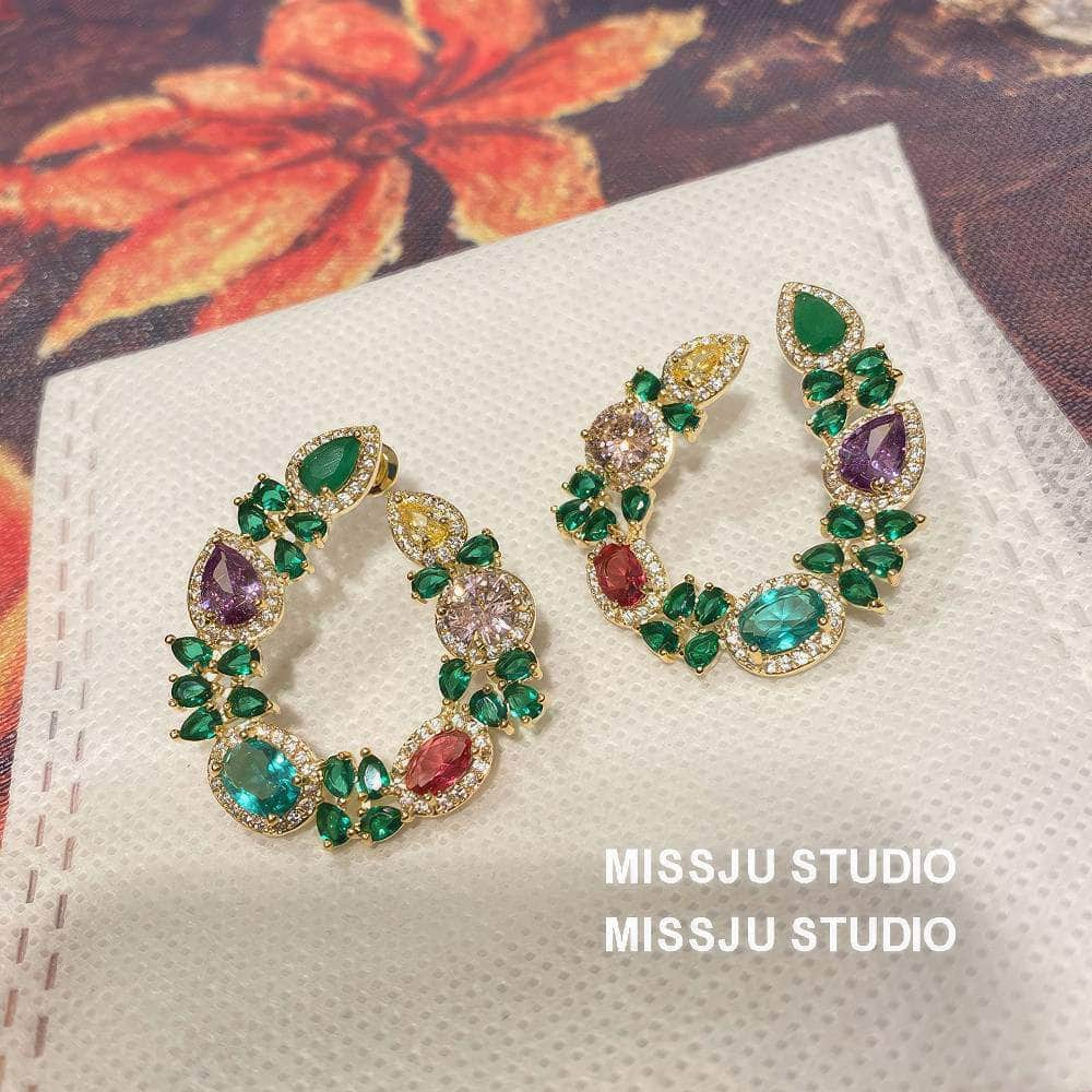 Multi Gemstone Diamond Imitation Floral Hoop Cutout Earrings Multicolor