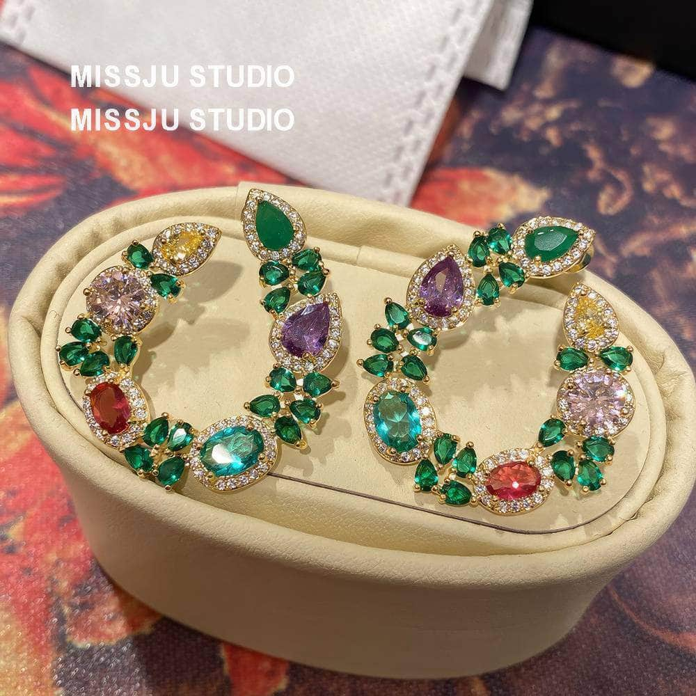 Multi Gemstone Diamond Imitation Floral Hoop Cutout Earrings Multicolor