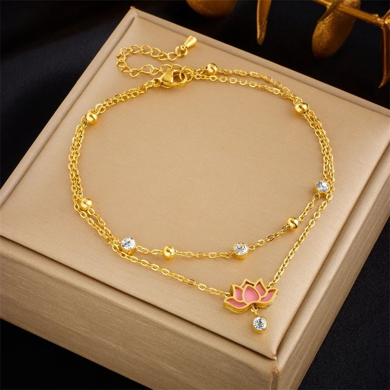 Multi-layer Pink Lotus Flower Anklets for Women - Trendy, Non-fading Chain Jewelry for Parties and Gifts B902