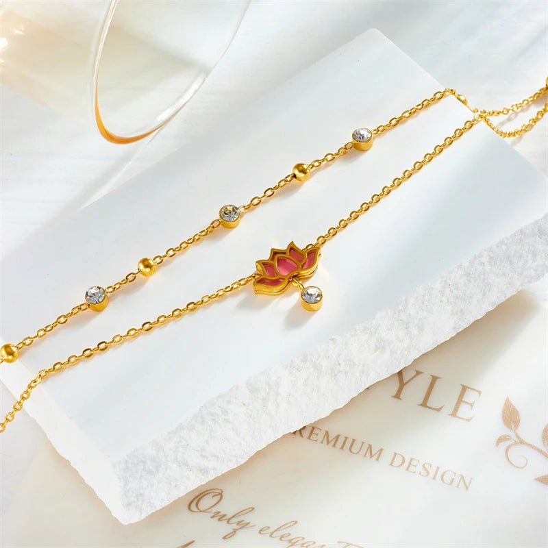 Multi-layer Pink Lotus Flower Anklets for Women - Trendy, Non-fading Chain Jewelry for Parties and Gifts B902