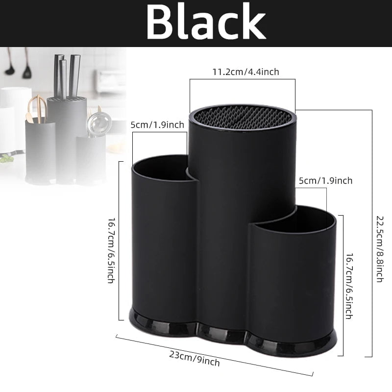 Multi-purpose Knife Holder - Kitchen Cutlery Storage Cylinder with Shelf for Knives and Utensils 3 hole Black