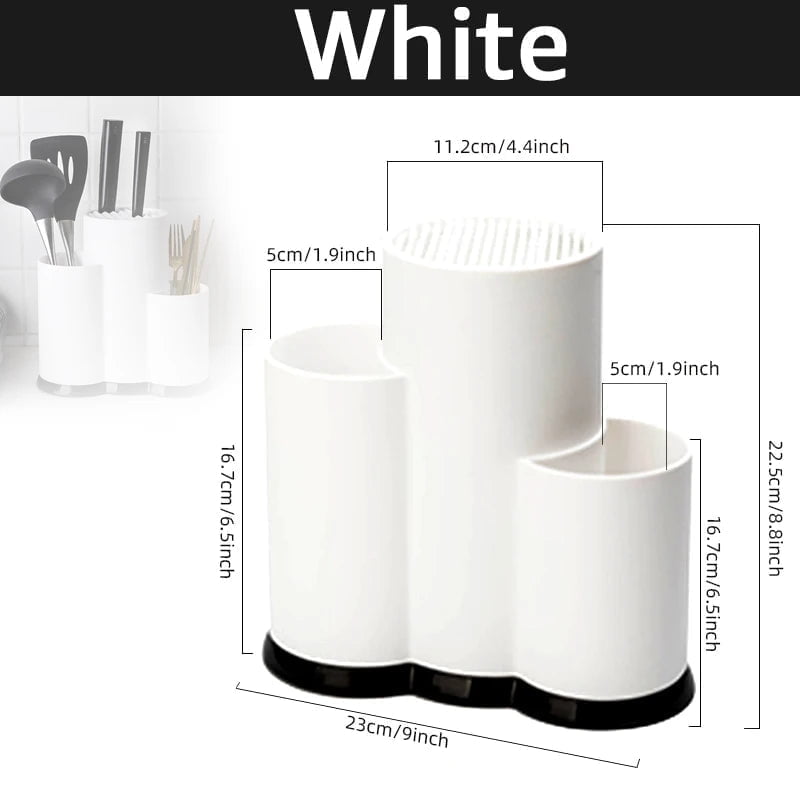 Multi-purpose Knife Holder - Kitchen Cutlery Storage Cylinder with Shelf for Knives and Utensils 3 hole White