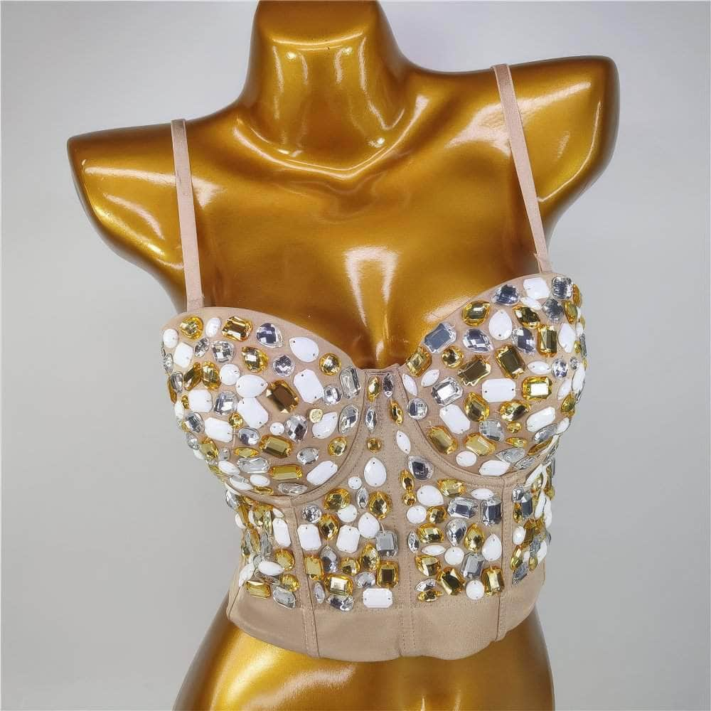 Multi Rhinestone Bejeweled Corset Bralette S / Bisque