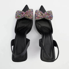 Multicolor Bow Embellished Slingback Sandal Heels
