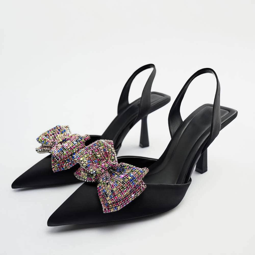 Multicolor Bow Embellished Slingback Sandal Heels EU 34 / Black / 8CM